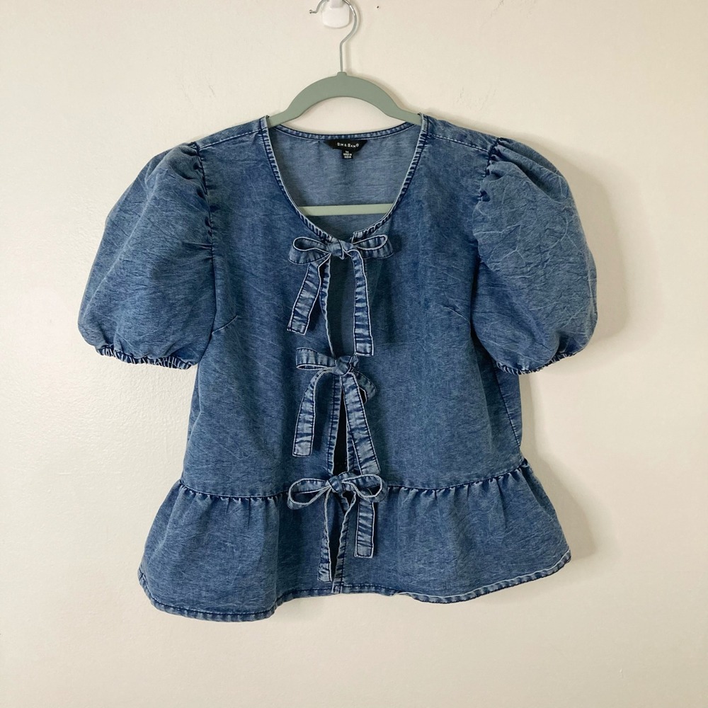 Bow Tie Front Blue Acid Wash Denim Puff Sleeve Peplum Top Sim & Sam M Coquette